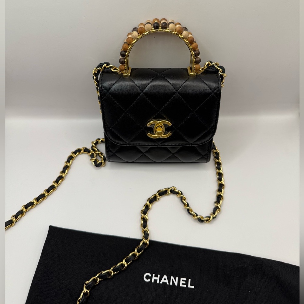SOLD CHANEL Metal Wood Bead Top Handle Card Holder on Chain Crossbody